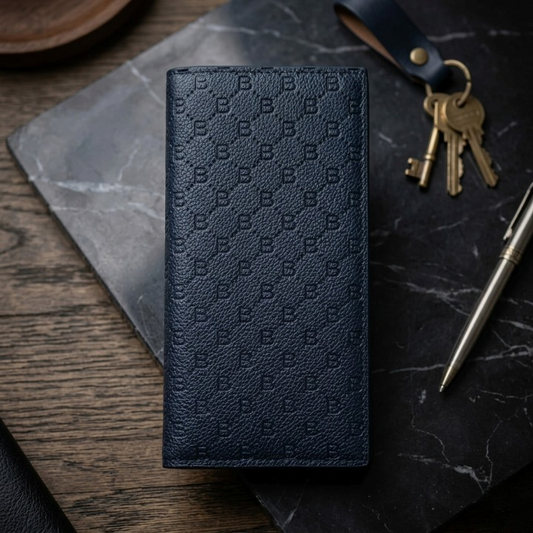 Premium Embossed Monogram Leather Long Wallet – Luxury Bi-Fold Business Clutch & Card Organizer for Men (Black