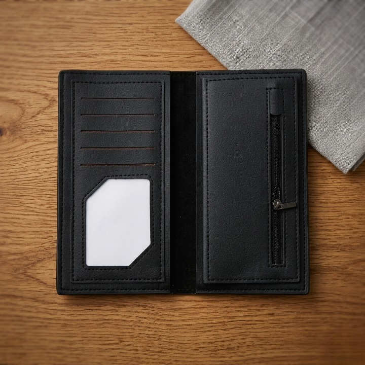 Premium Embossed Monogram Leather Long Wallet – Luxury Bi-Fold Business Clutch & Card Organizer for Men (Black